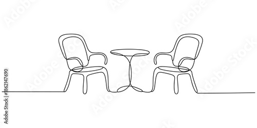 Garden chairs and table in continuous line art drawing style. Classic style dining room furniture black linear sketch isolated on white background. Vector illustration