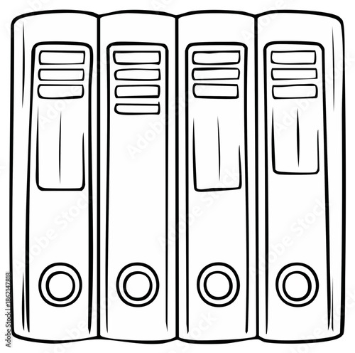 Line art drawing of four standing office files and document binders