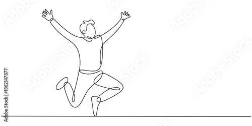 Happy jumping celebrating illustration in continuous one line drawing. Happy person jumping high giving high five in one line draw. Editable vector.