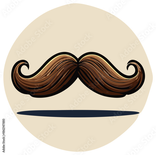 Stylized brown handlebar mustache with curled ends against a muted circular background