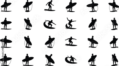 Surfing silhouette collection showing surfer poses with surfboard action stances isolated on white background for beach sport lifestyle design use branding illustration set concept