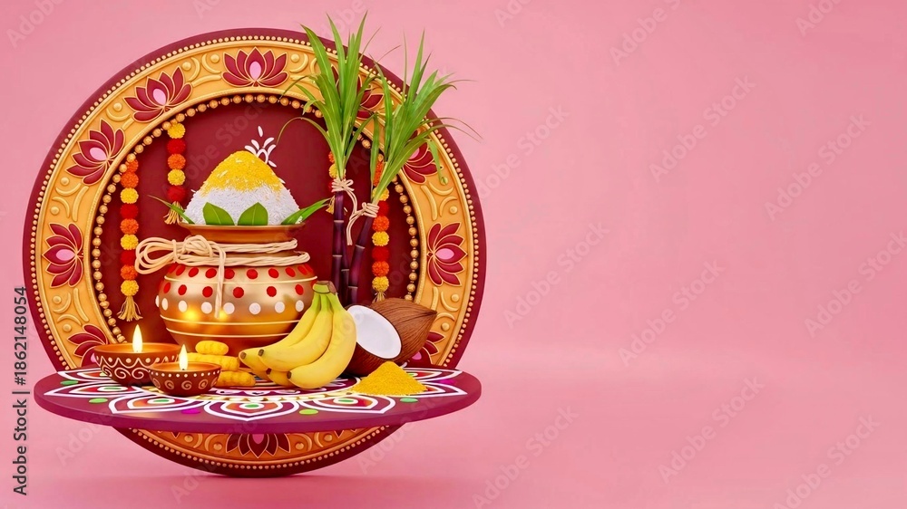 Fototapeta premium traditional pongal harvest festival composition on pink background with mandala, golden pots of sweet pongal, sugarcane, bananas