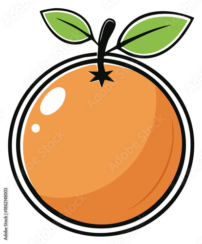 Cartoon-style orange fruit illustration with stem and leaves, juicy, fresh and appetizing