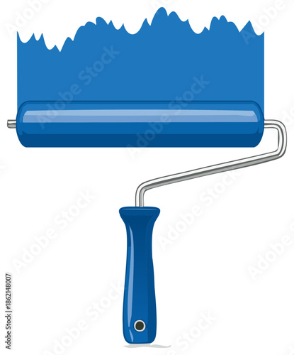 Blue Paint Roller Application with Paint Stroke Home Interior Wall Renovation