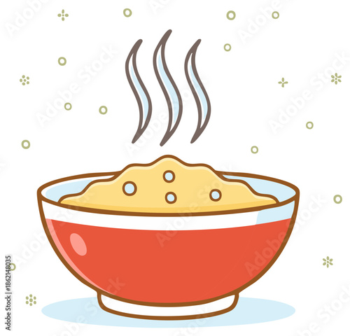 Steaming hot meal in a red bowl simple cartoon illustration