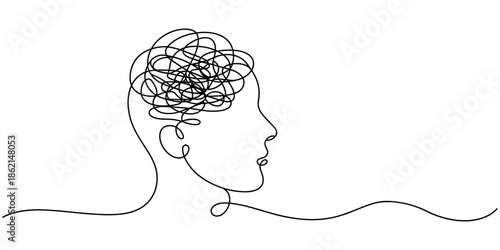 Human head with confusion of thoughts, Concept of confusion in the head. Continuous One line drawing. Problems stress illness and depression concept. Editable line. Hand drawn one line vector