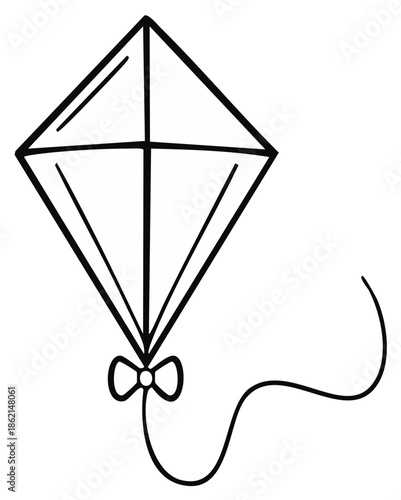 Outline drawing of a kite with a diamond shape with a bow and string for soaring fun on windy days