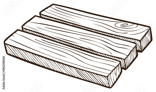 Wood planks sketch. Illustration of three wooden planks isolated on white. Wood flooring material graphic. Wood texture element.
