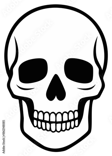 Bold black and white illustration of a human skull showing teeth and eye sockets