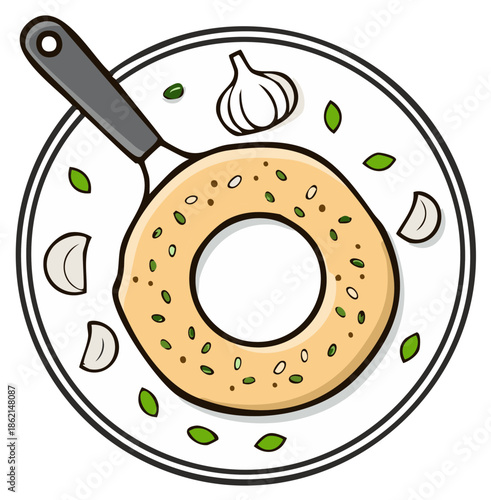 Illustrated savory garlic bread ring with fresh garlic cloves and green herbs on a plate with kitchen server