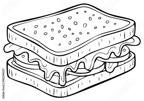 Delicious Sandwich Line Art with Lettuce, Tomatoes, and Cheese, Ready to Eat Meal Design, Lunchtime Black and White Illustration