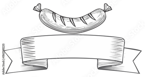 Engraved Sausage and Decorative Ribbon Banner Illustration for Text Placement