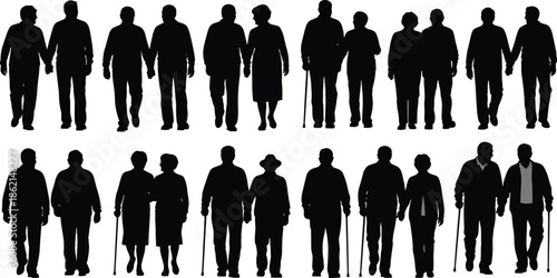 Silhouettes of Elderly Couples Standing Together with Canes – Aging, Companionship, and Mobility Illustration for Senior Lifestyle Design