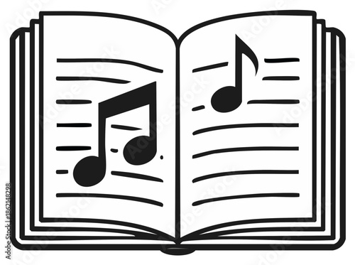 Open book with musical notes and staves symbol for music education and creativity