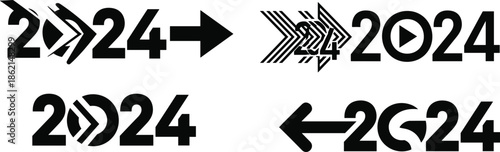 Black silhouette 2024 typography with directional arrows and play buttons, creative movement icons for new year progress, motion and future success vector