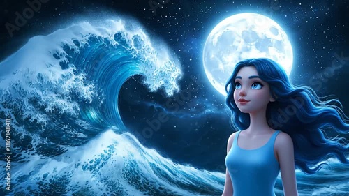 Woman and wave digital illustration of a majestic seascape