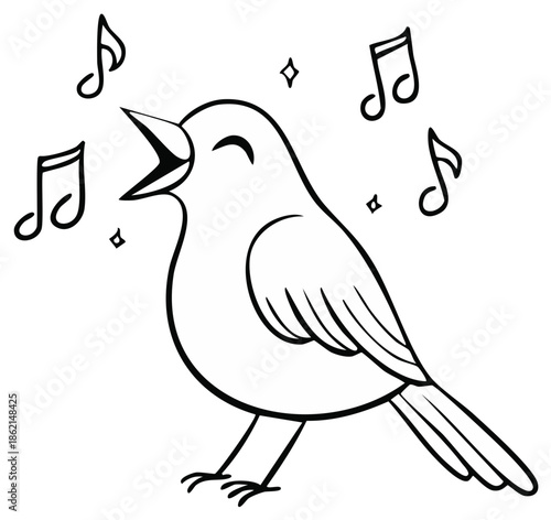 Charming black and white line art illustration of a cheerful bird singing a happy song with musical notes