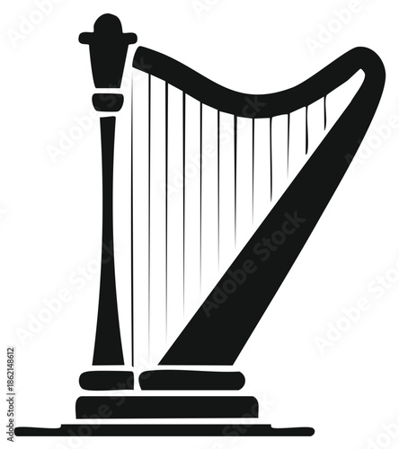 Classical harp musical instrument silhouette. Simple black vector icon of an elegant stringed instrument for symphony music