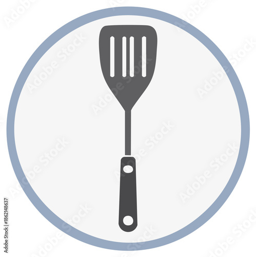 Simple kitchen spatula icon in a circle. Flat vector graphic of a cooking utensil or slotted turner for culinary design.