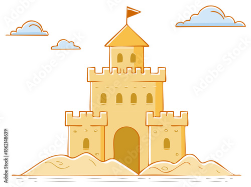 Playful cartoon sandcastle illustration with flag and clouds, embodying summer fun and beach creativity.