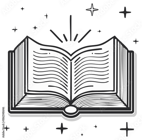 Open Book Illustration with Light Ray and Stars, Hand-Drawn Icon