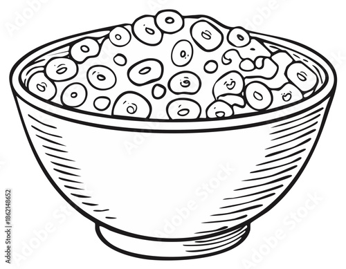 Bowl of breakfast cereal graphic, isolated in outline style