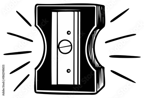 Illustration of a black and white pencil sharpener with radiating lines, stationary item