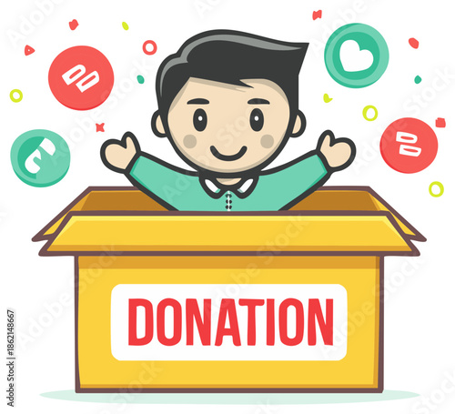 Cheerful cartoon boy emerges from a yellow donation box with icons representing likes and giving