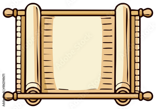 Cartoon Scroll with Wooden Frame, Blank Space for Message, Papyrus Sheet, Vintage Design