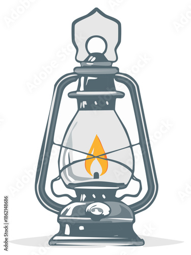 Vintage kerosene lantern with a bright flame and classic design, illuminated object.