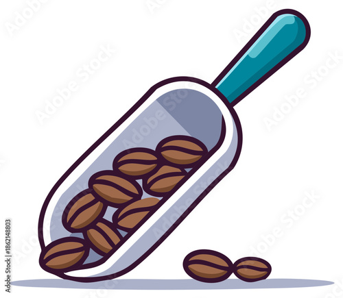 Cartoon-style scoop filled with aromatic roasted coffee beans on a neutral backdrop