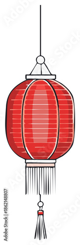 Traditional Red Lantern With Tassels Hanging For Celebration