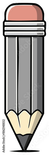 Cartoon gray pencil with a pink eraser at the top and sharpened tip