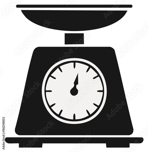Black and white vector icon of a classic analog kitchen scale for measuring food and ingredients