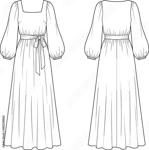 Technical fashion sketch of long sleeve belted dress with square neckline, voluminous sleeves, and front-back garment views