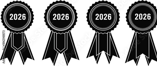 Black silhouette 2026 award ribbon set, premium quality seal icons, annual certificate medals and achievement rosettes isolated on white background vector illustration