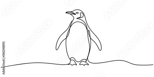 Single one line drawing three adult penguins standing. Observing the surrounding area. Avoiding danger. Looking for food. The emperor. World Penguin Day. Continuous line design graphic illustration