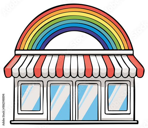 Cartoon shop front with a striped awning and rainbow arch