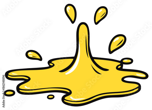 Cartoon yellow liquid splat with splashing drops and puddle vector illustration
