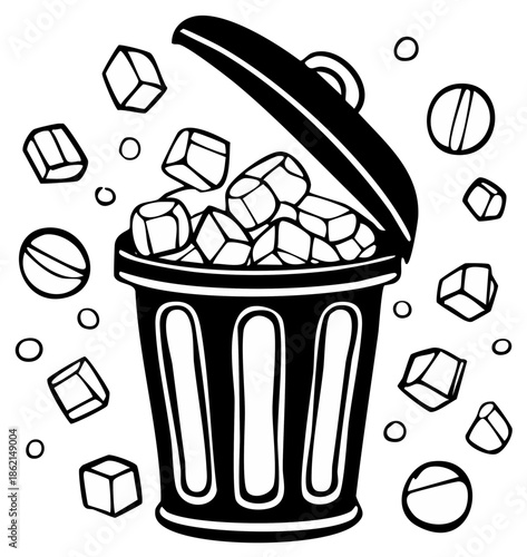 Trash can overflowing with geometric shapes and floating objects