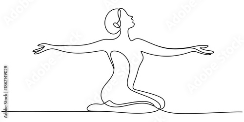 continuous line draw of a Woman Extending arms in relaxed Pose on White Background. A lady extending her arms in continuous line art or one line drawing is a peaceful visual.