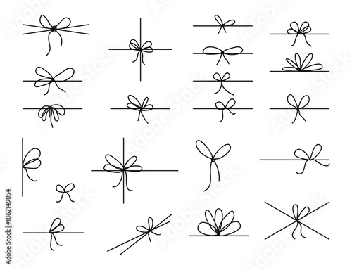 Line bows on ribbon. Bow on string set for box and decoration design. Simple outline bowknot