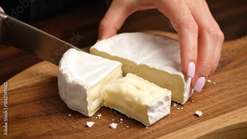 Womans hand cutting cheese on wooden board