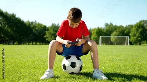 Young boy plays video game outdoors on soccer ball