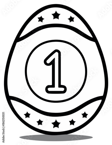 Easter egg with number 1, black and white coloring book, holiday pattern, illustration