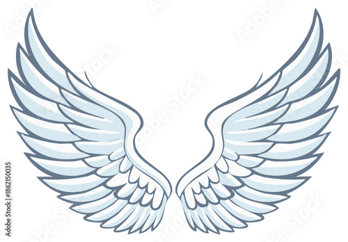 Stylized Illustration of White Angel Wings with Blue Outline and Feathers