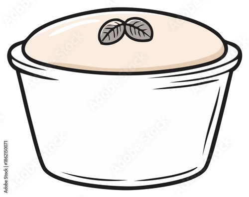 Delicious custard or cream dessert in ramekin bowl garnished with leaves, sweet treats