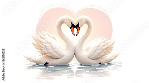 Romantic Valentine’s Day t-shirt design featuring two graceful swans forming a heart with their necks, elegant line art illustration,