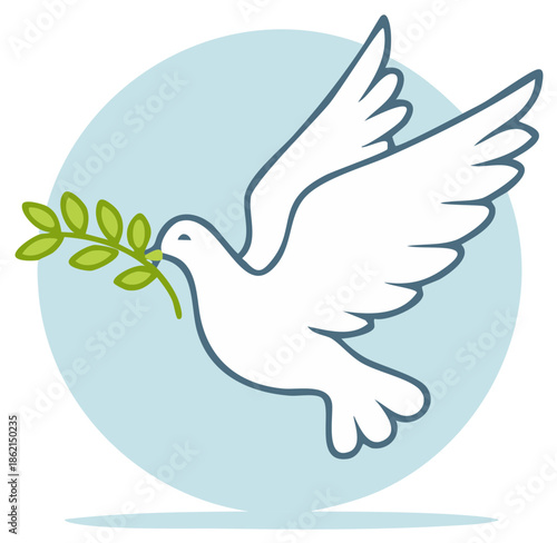 White dove of peace flying with a green olive branch in its beak vector illustration