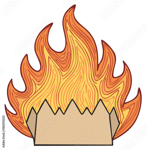 Burning flames above a folded brown paper bag, illustration